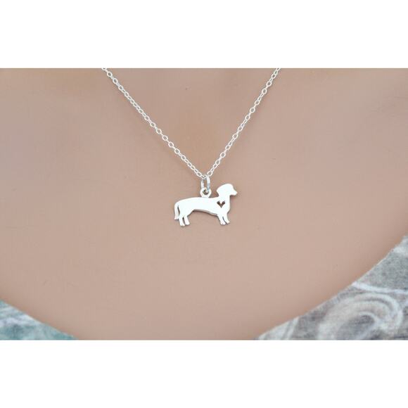 Sterling Silver Dog Charm - Dachshund with Heart Necklace - Picture 1 of 4